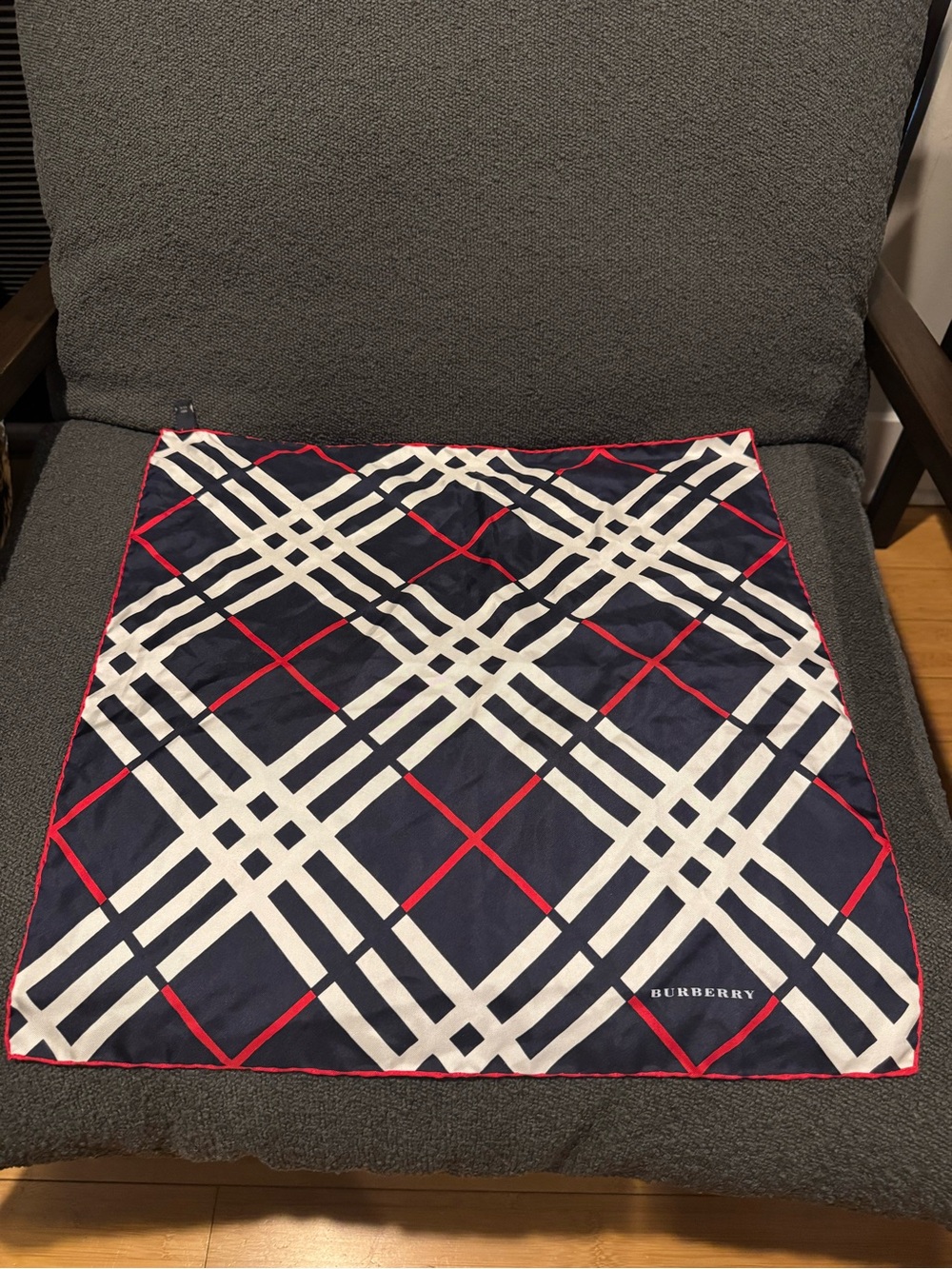 Burberry Navy, White and Red Plaid Silk Scarf
